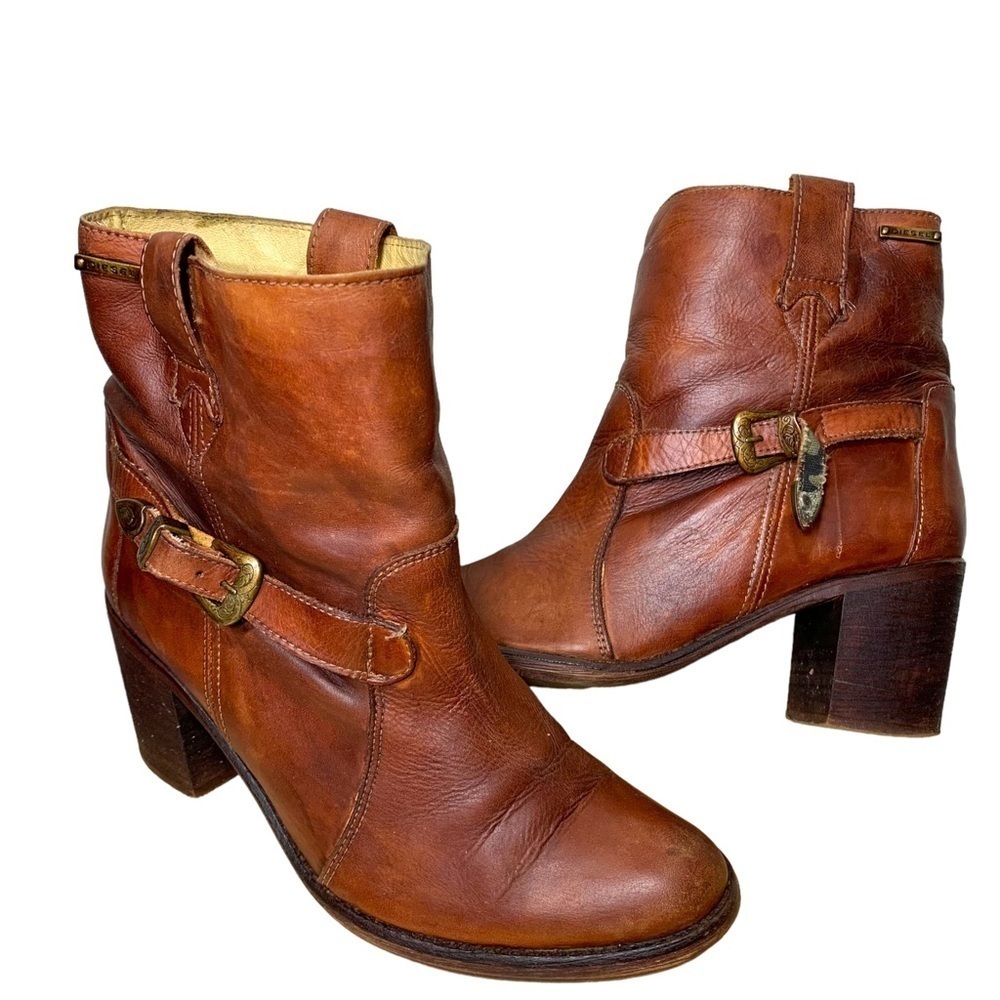 DIESEL cognac brown western genuine leather ankle botties chunky block heel 38